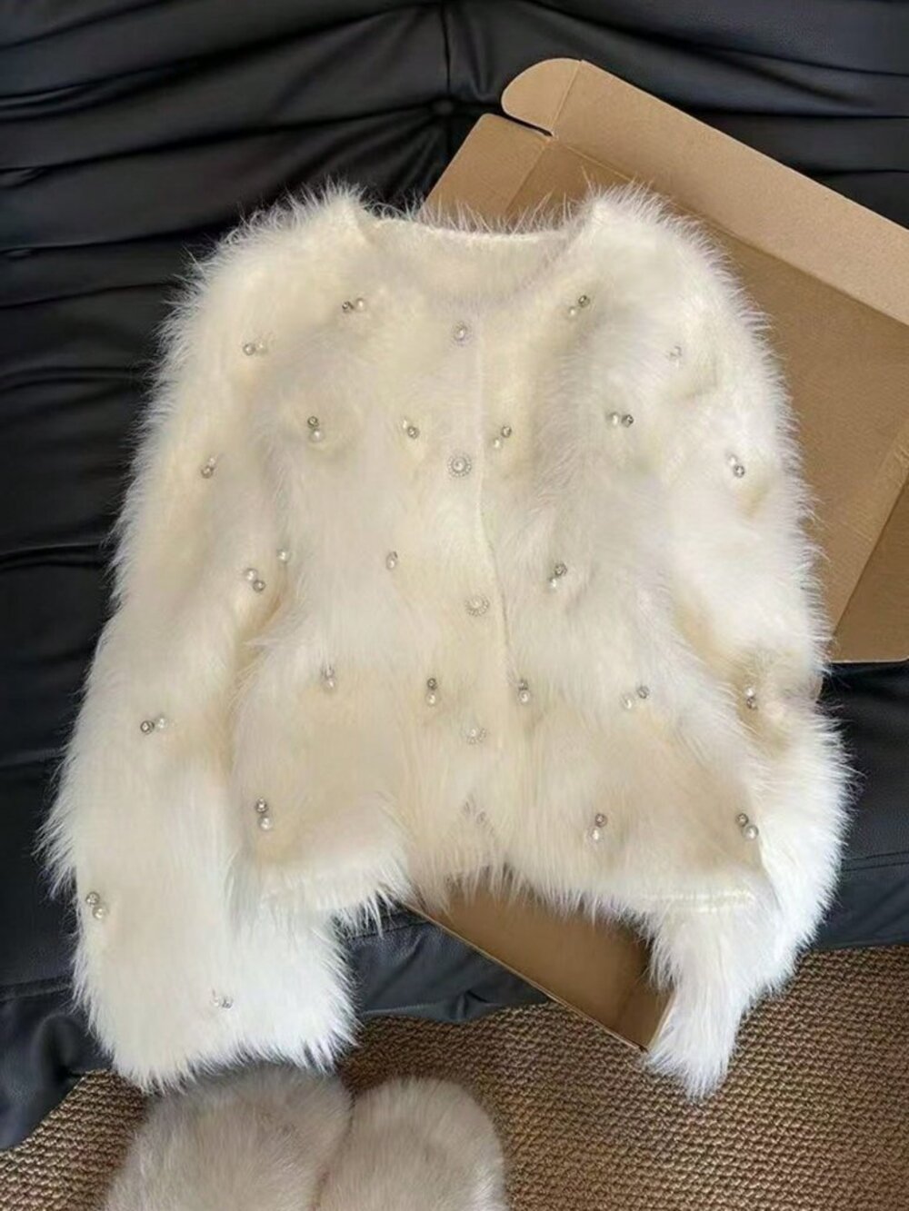 White Casual Women's Fuzzy Pearl-Adorned Long Sleeve Cardigan